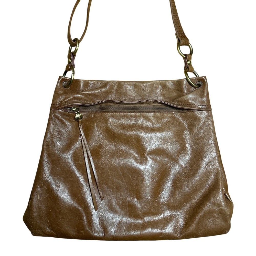 Hobo Crossbody Bag Brown Leather Brass Color Hardware 14" Long 10.5" Tall